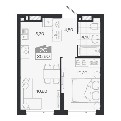 2-комнатная, 35.9 м², № 359 в Ясный берег-город у воды