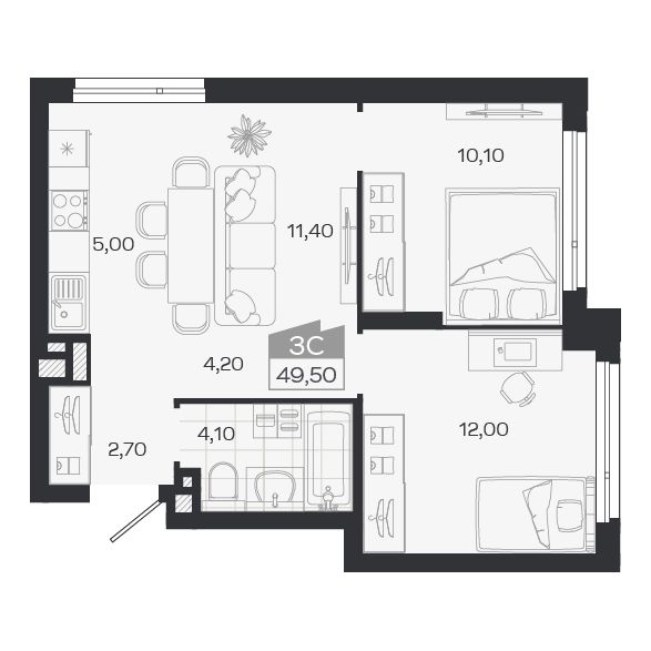 3-комнатная, 49.5 м², № 14 в Ясный берег-город у воды