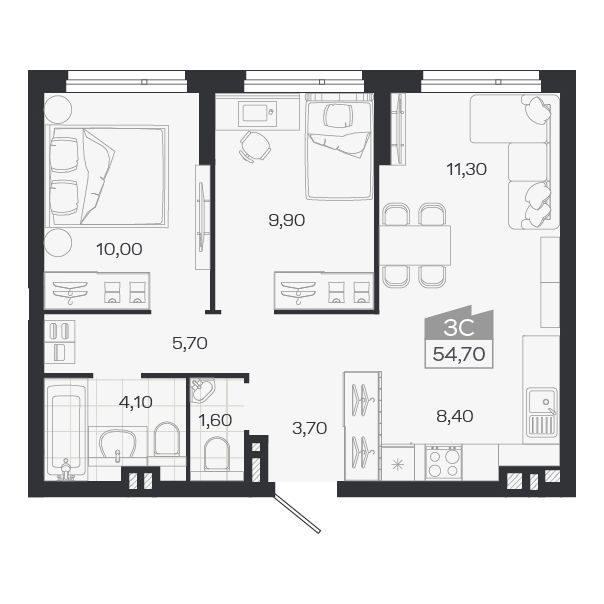 3-комнатная, 54.7 м², № 11 в Ясный берег-город у воды