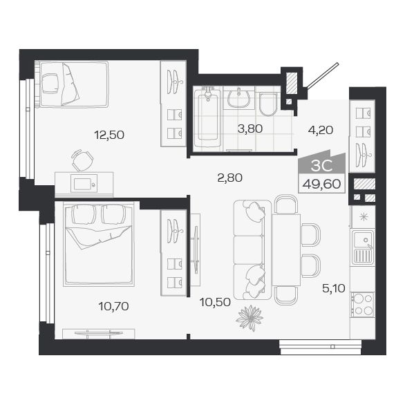 2-комнатная, 49.6 м², № 105 в Ясный берег-город у воды