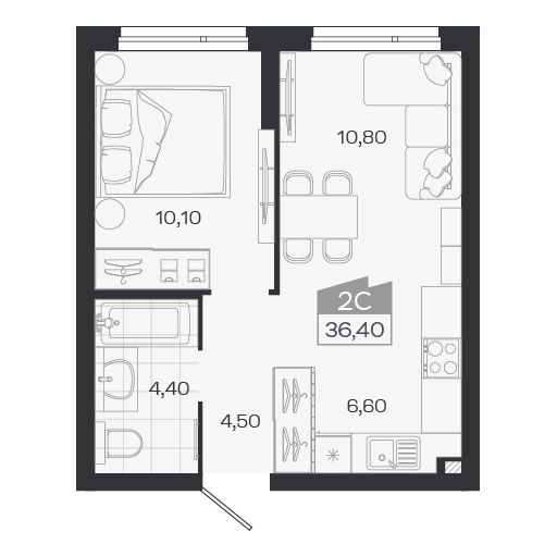 2-комнатная, 36.4 м², № 4 в Ясный берег-город у воды