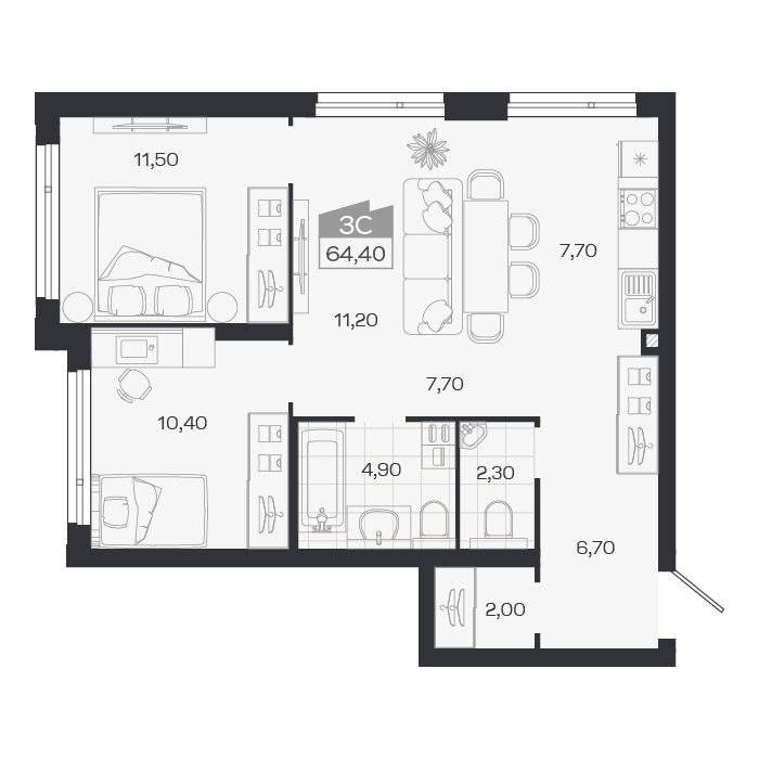 3-комнатная, 64.4 м², № 1 в Ясный берег-город у воды