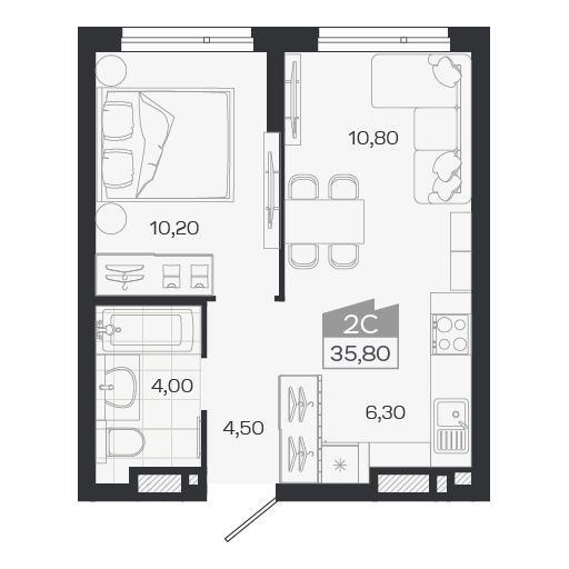 2-комнатная, 35.8 м², № 300 в Ясный берег-город у воды