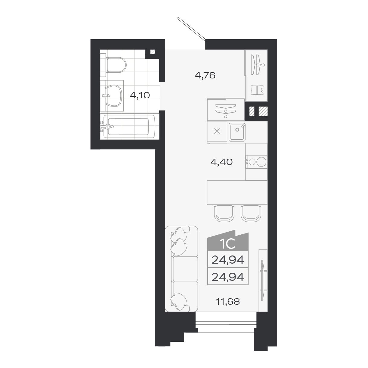 Студия, 24.94 м², № 6 в Ясный берег-город у воды
