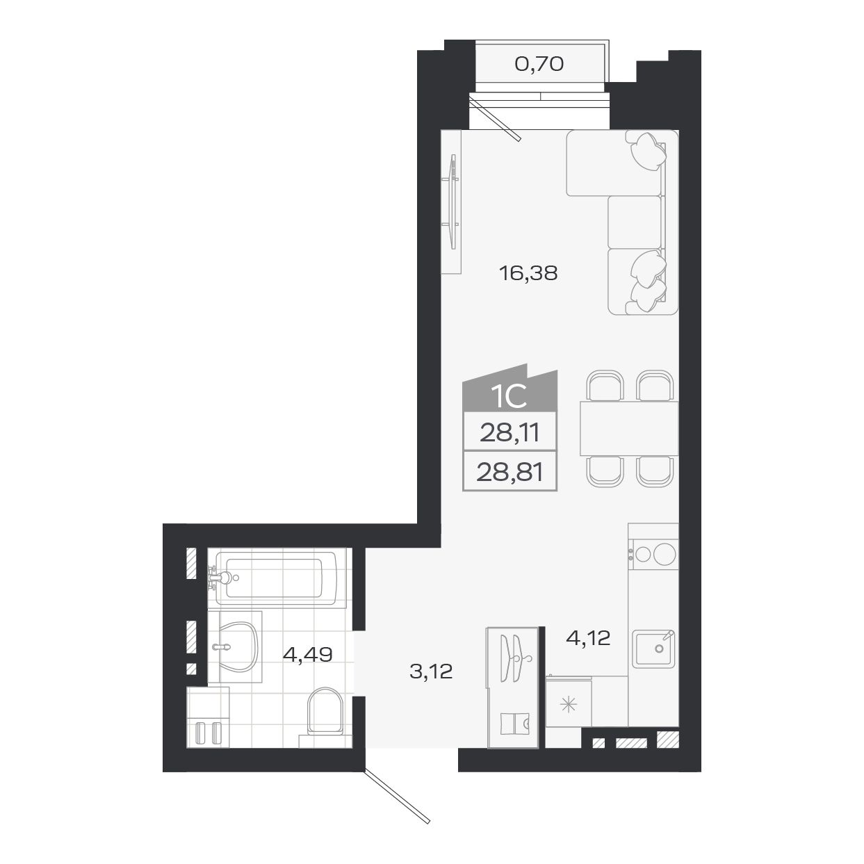 Студия, 28.11 м², № 27 в Ясный берег-город у воды