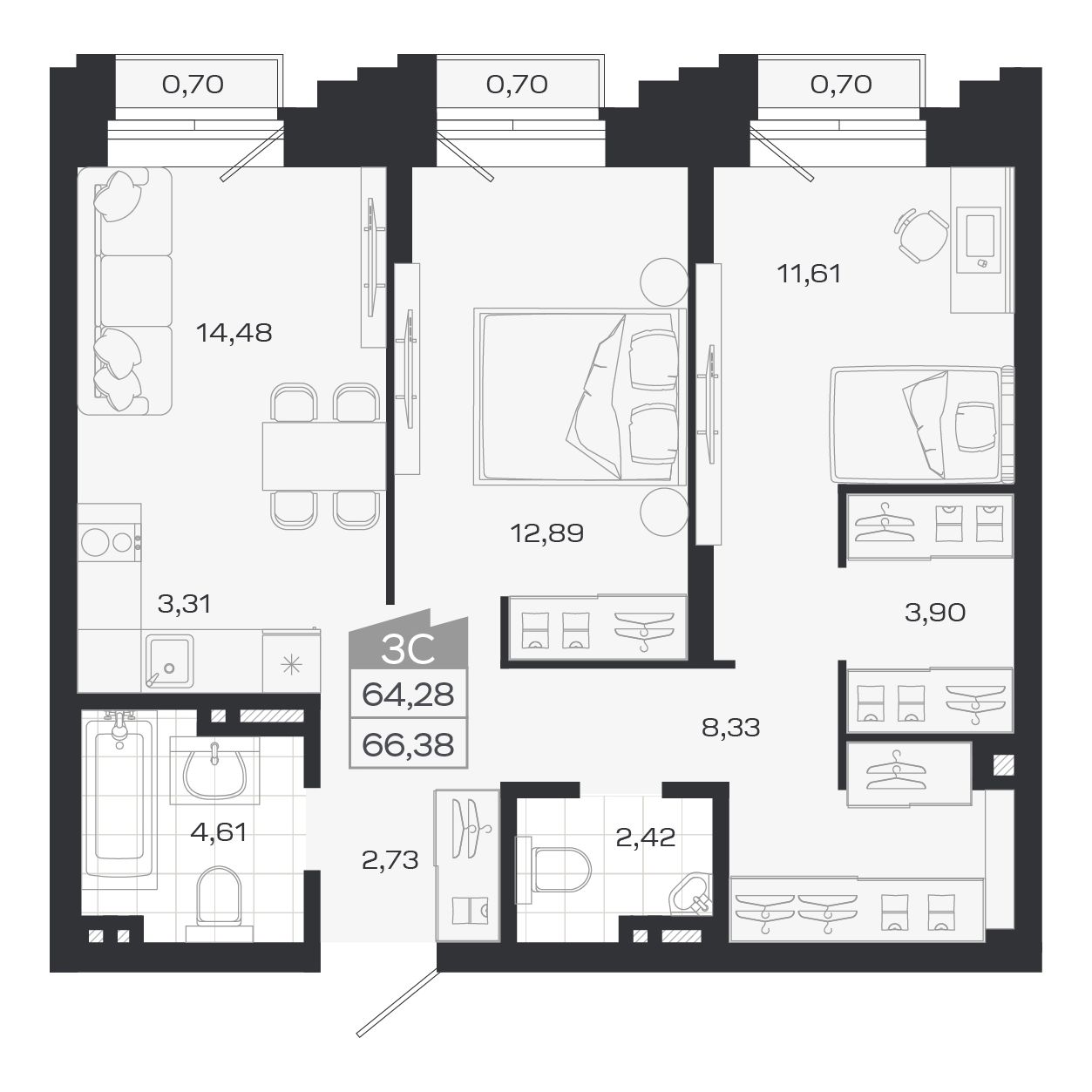3-комнатная, 64.28 м², № 28 в Ясный берег-город у воды