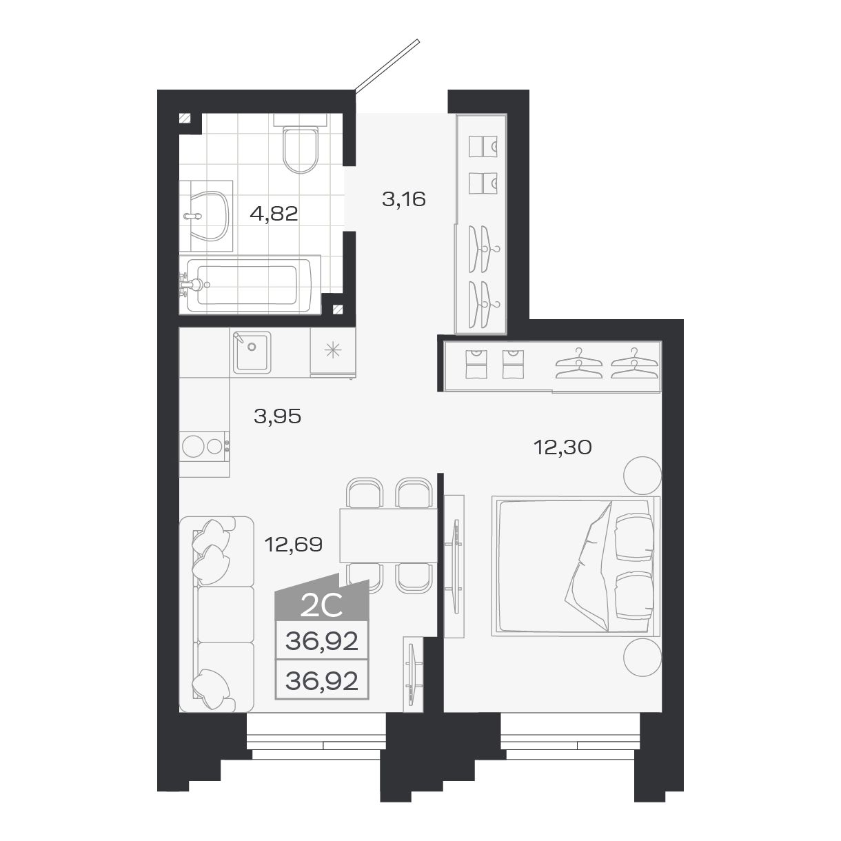 2-комнатная, 36.92 м², № 9 в Ясный берег-город у воды