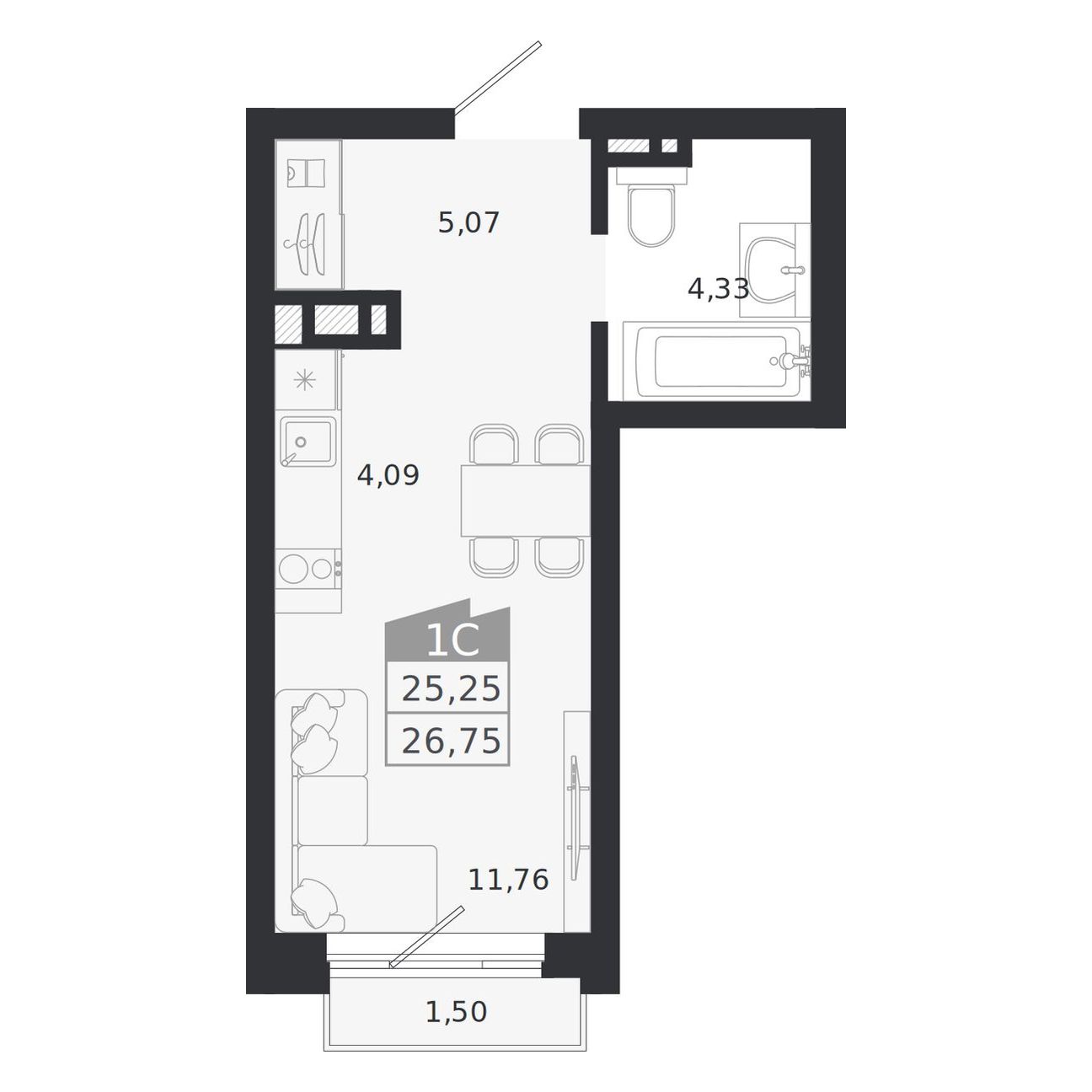 Студия, 26.75 м², № 416 в Ясный берег-город у воды