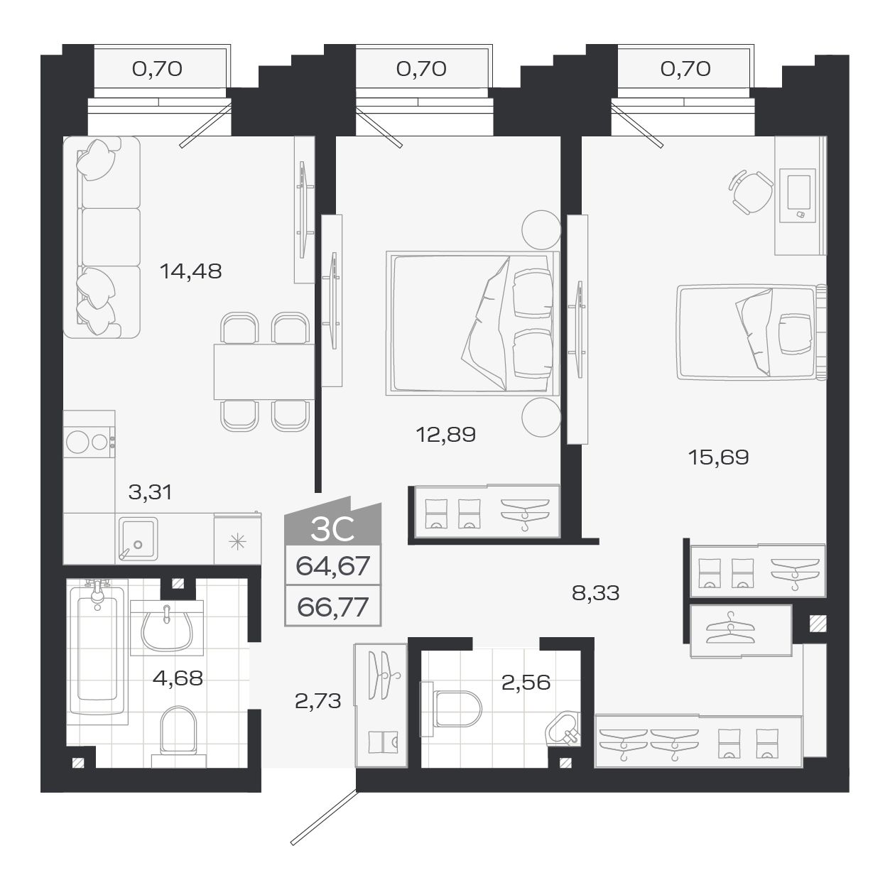 3-комнатная, 64.67 м², № 15 в Ясный берег-город у воды