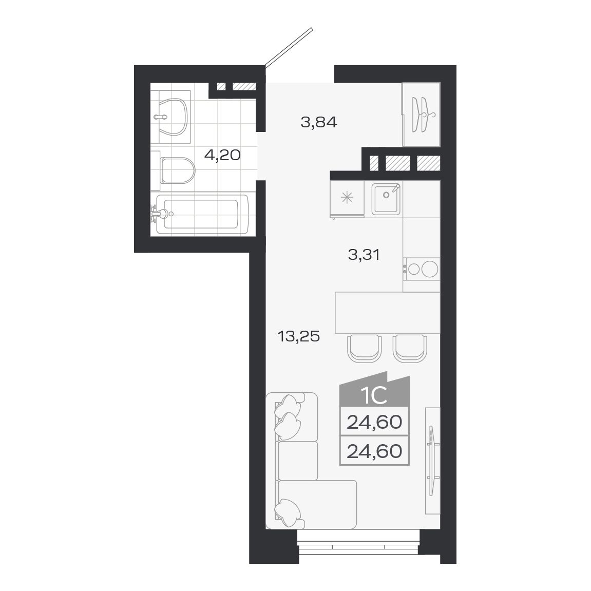 Студия, 24.6 м², № 104 в Ясный берег-город у воды