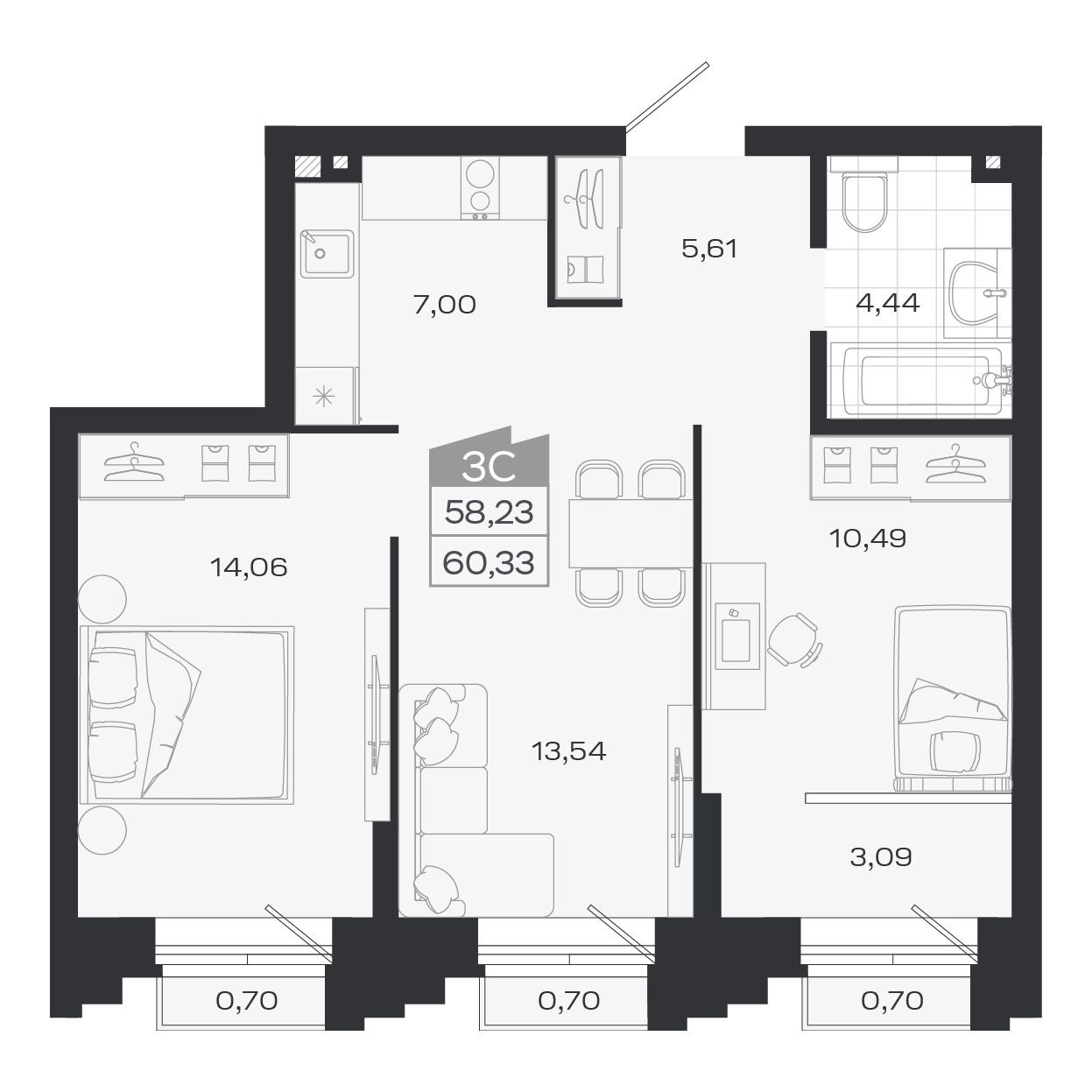3-комнатная, 58.23 м², № 343 в Ясный берег-город у воды