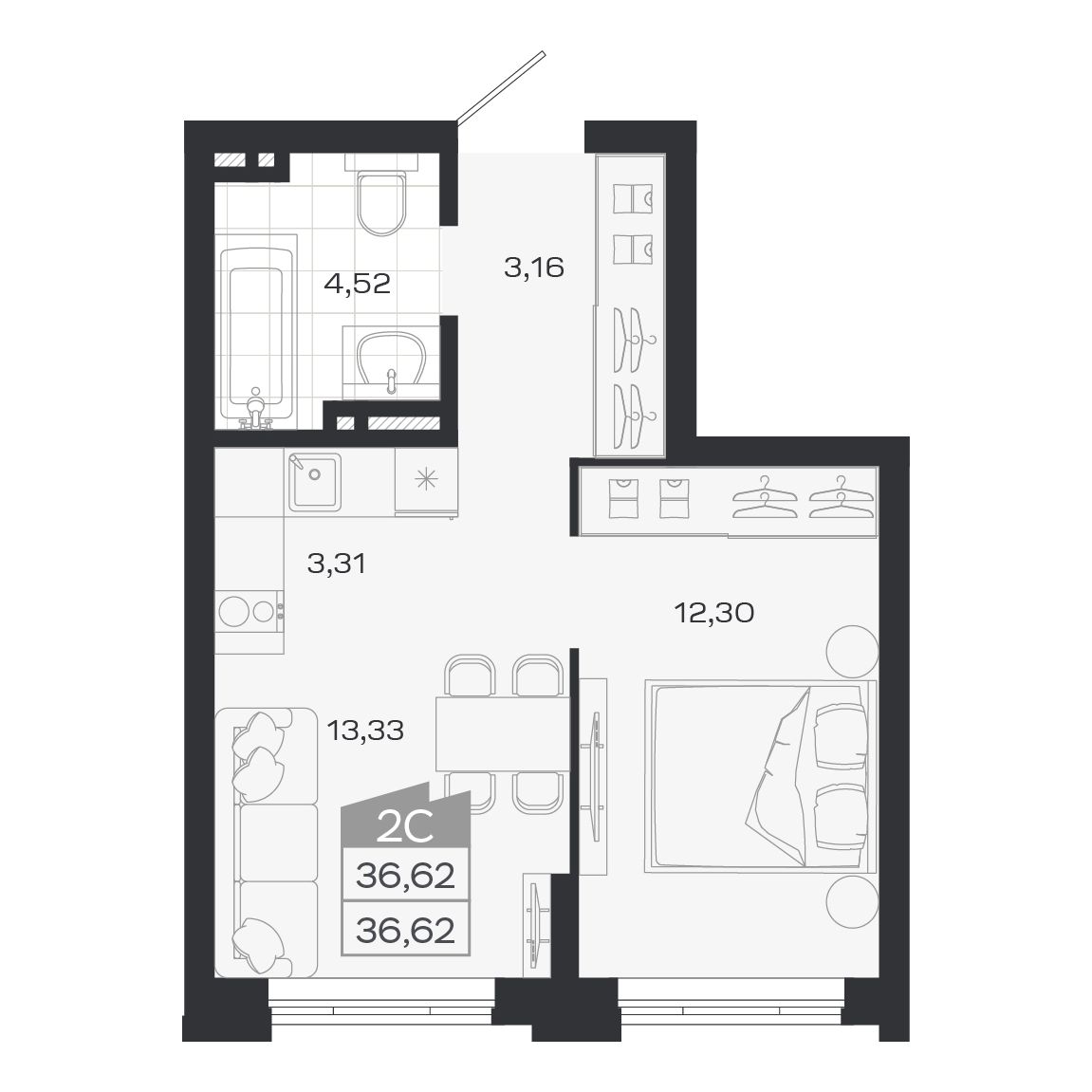 2-комнатная, 36.62 м², № 119 в Ясный берег-город у воды