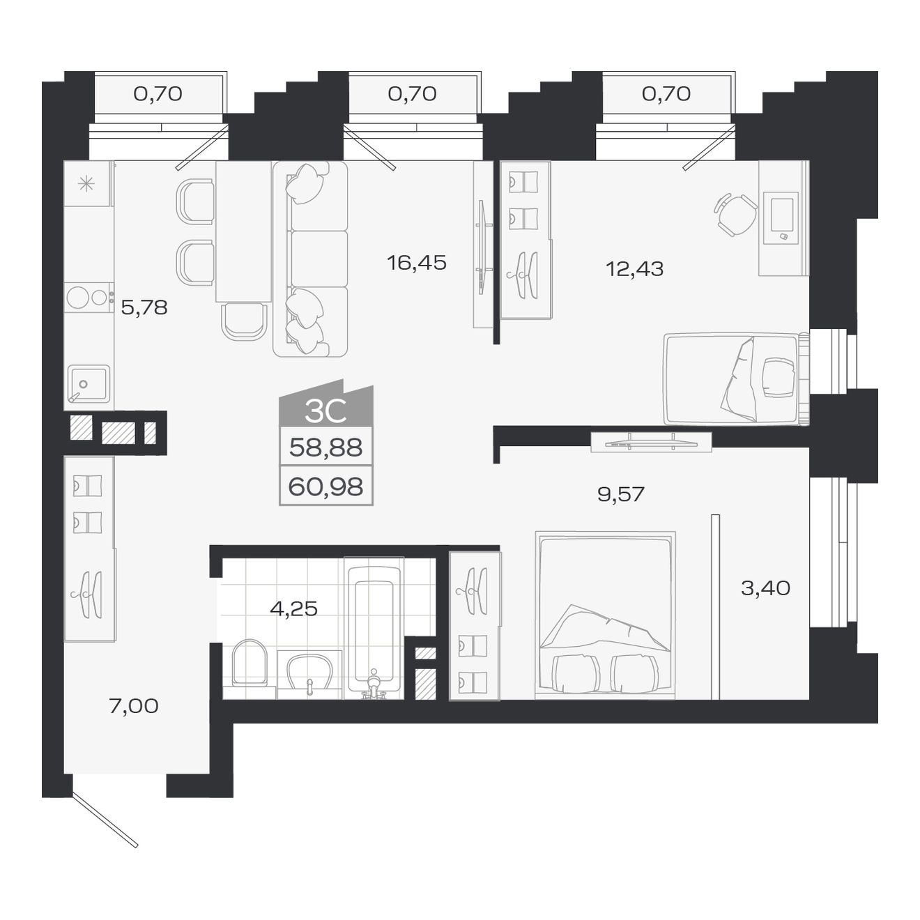 3-комнатная, 58.88 м², № 339 в Ясный берег-город у воды