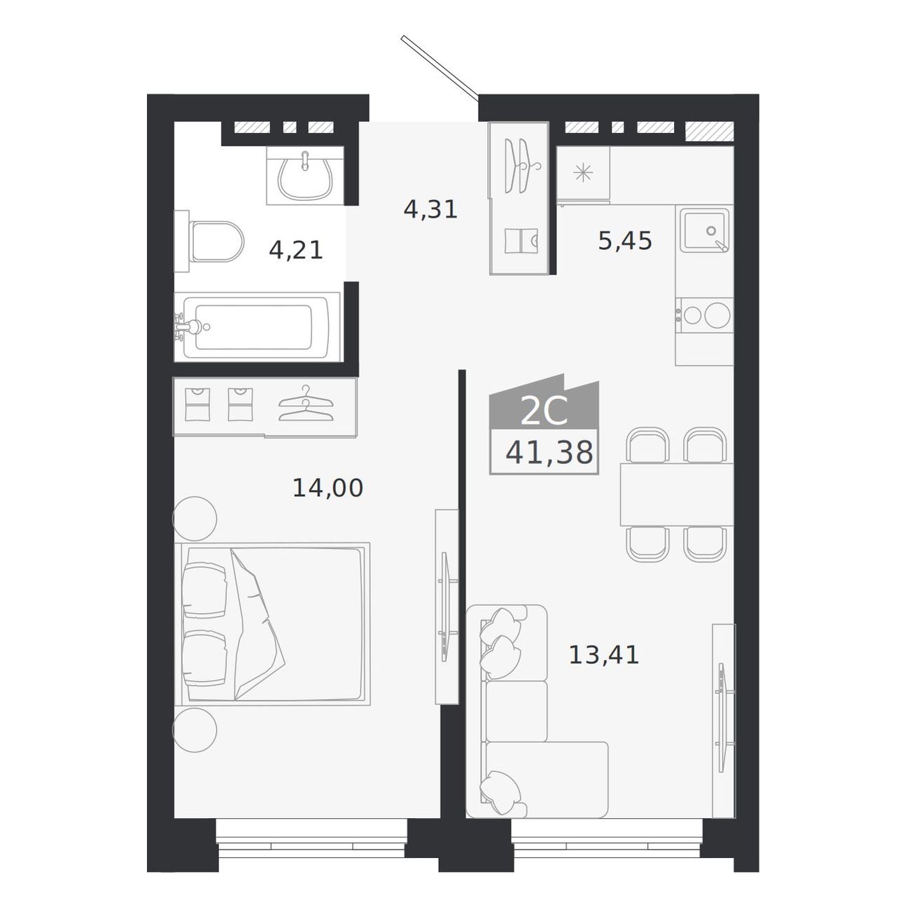 2-комнатная, 41.38 м², № 474 в Ясный берег-город у воды