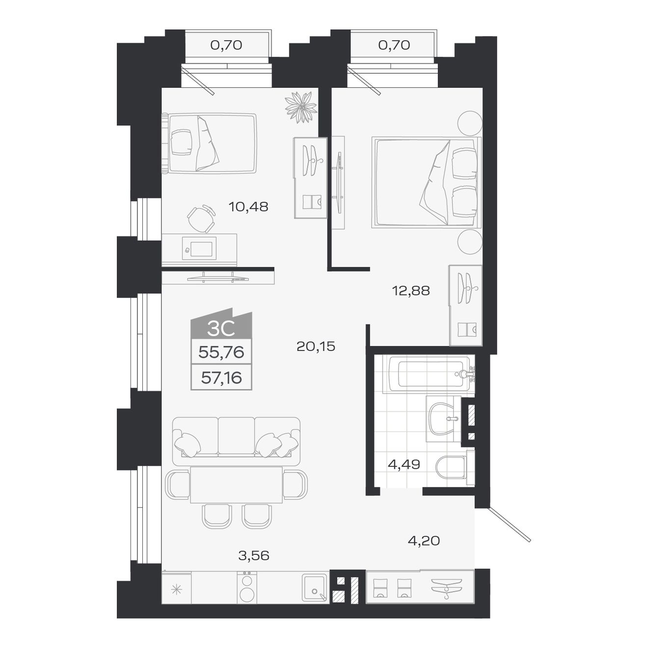 3-комнатная, 55.76 м², № 52 в Ясный берег-город у воды