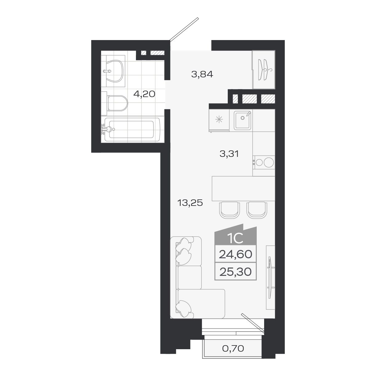 Студия, 24.6 м², № 48 в Ясный берег-город у воды