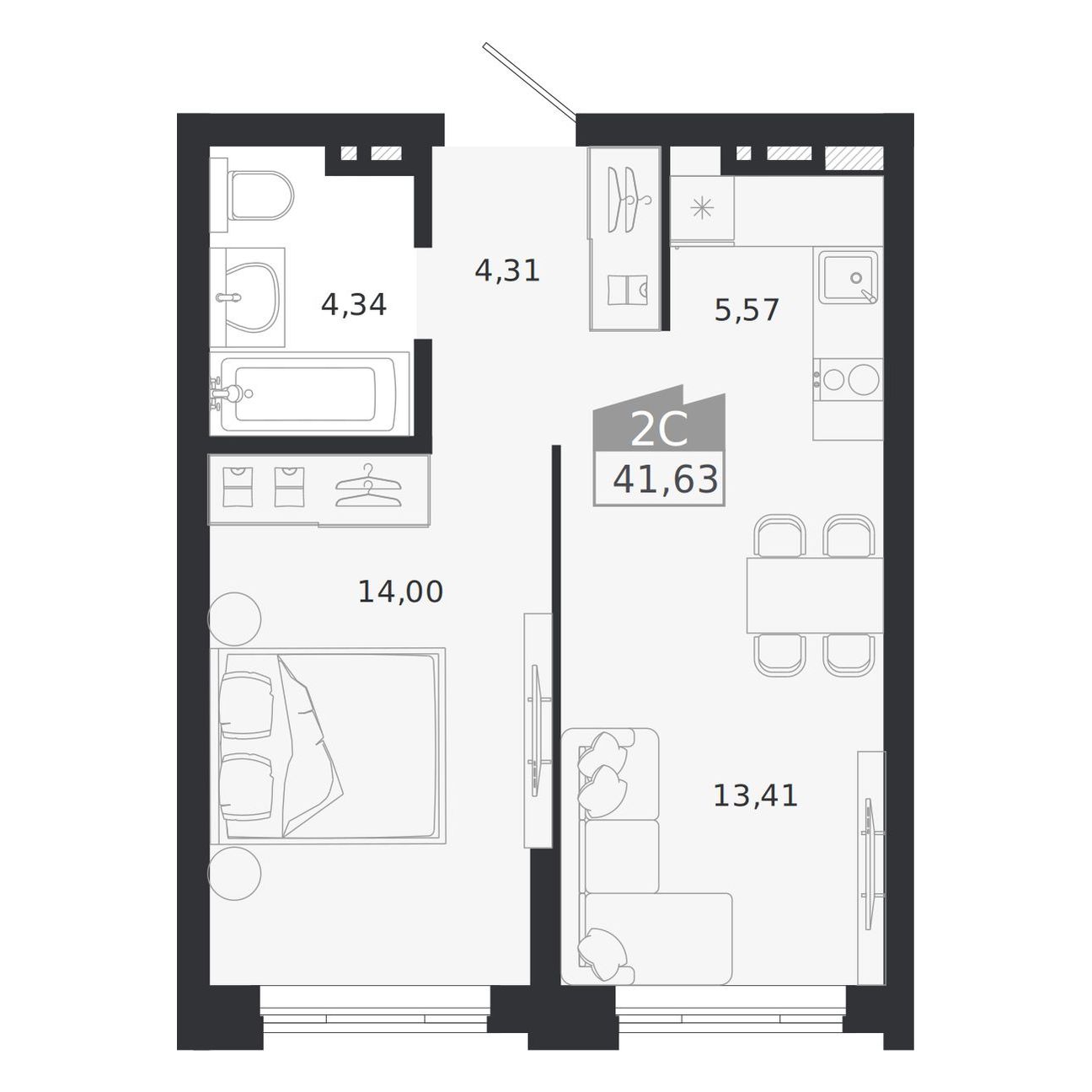 2-комнатная, 41.63 м², № 462 в Ясный берег-город у воды