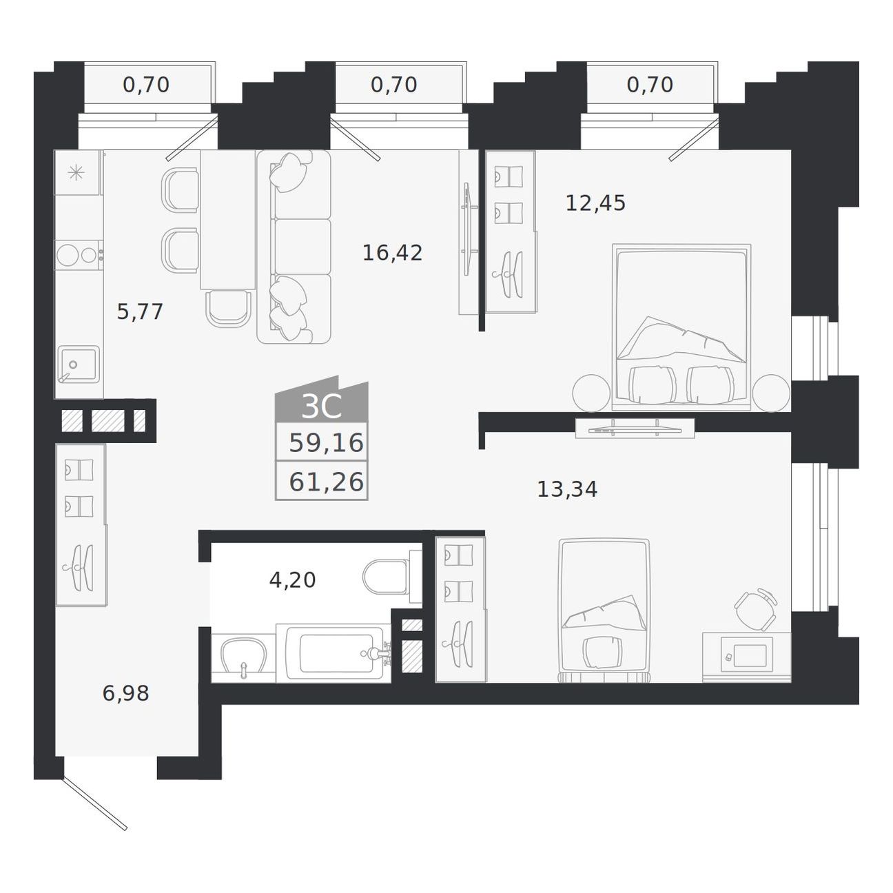 3-комнатная, 61.26 м², № 57 в Ясный берег-город у воды