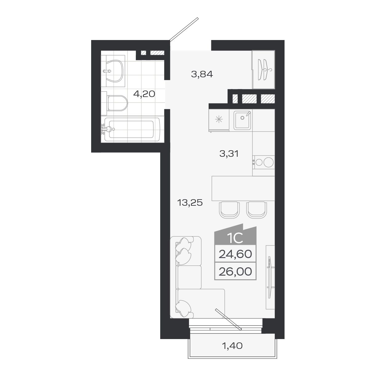 Студия, 24.6 м², № 76 в Ясный берег-город у воды
