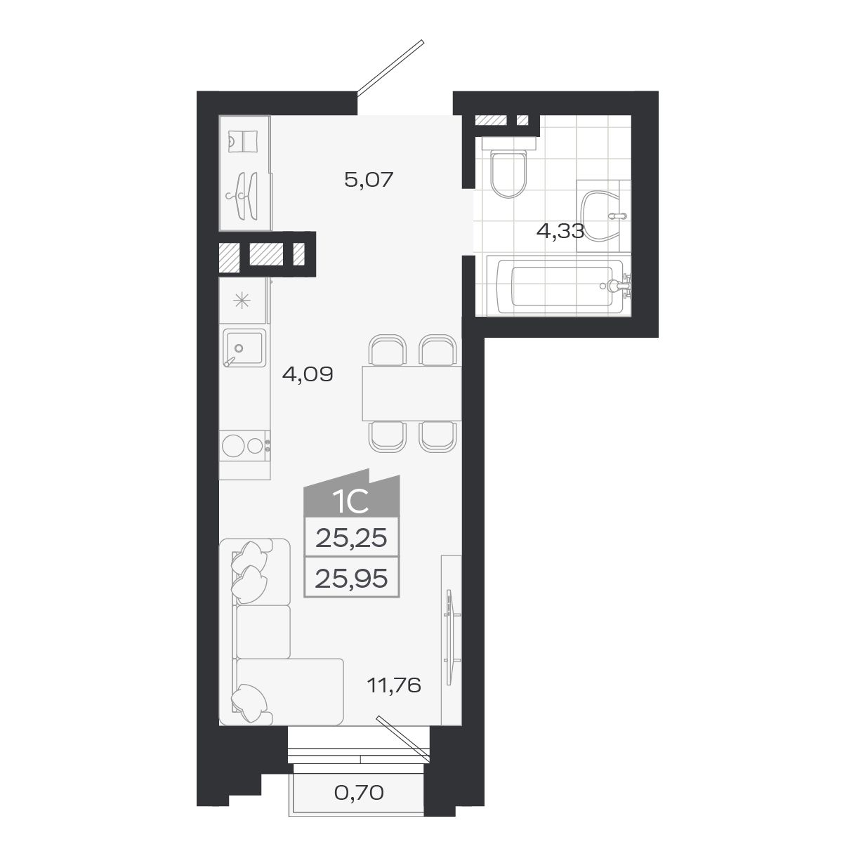 Студия, 25.25 м², № 344 в Ясный берег-город у воды