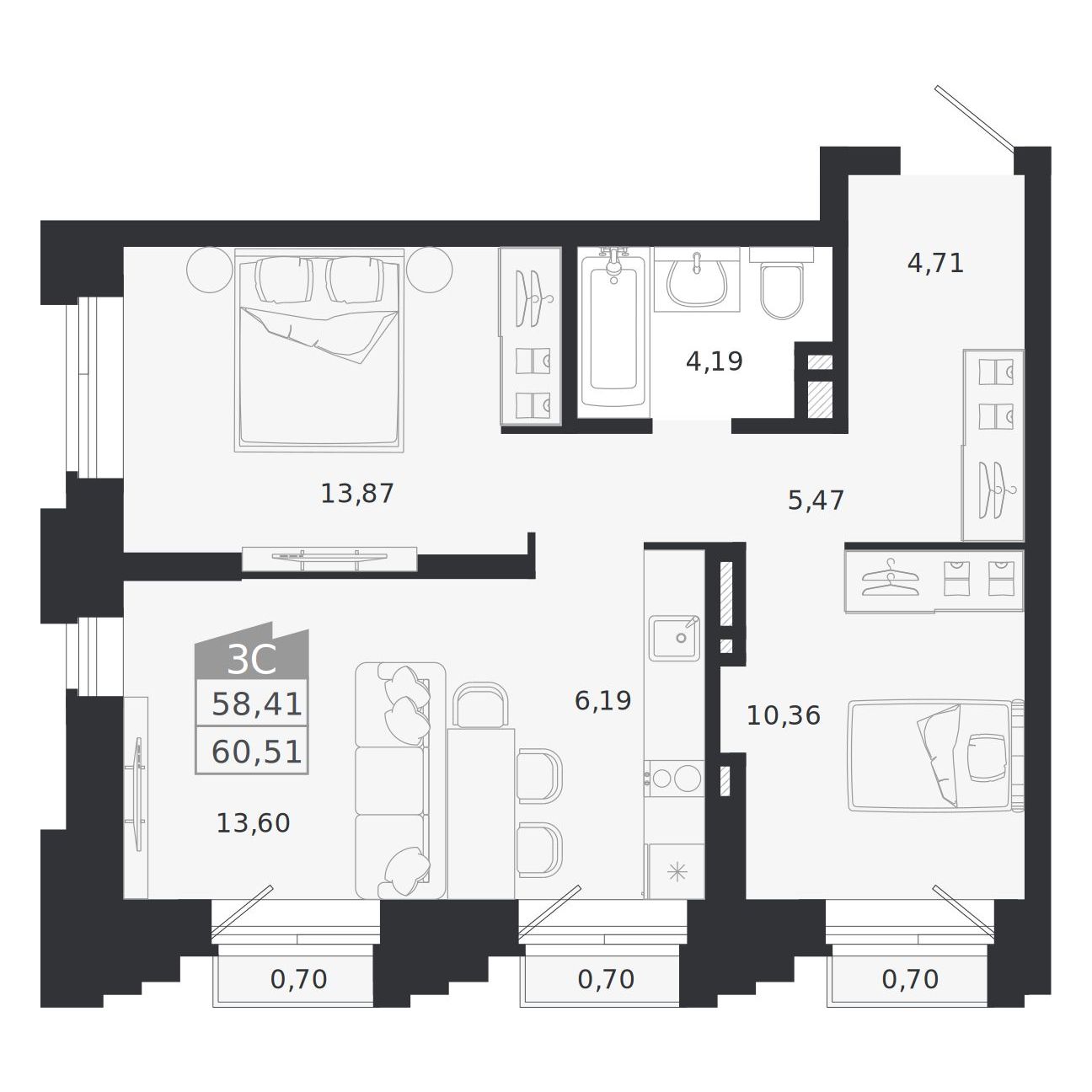 3-комнатная, 60.51 м², № 36 в Ясный берег-город у воды