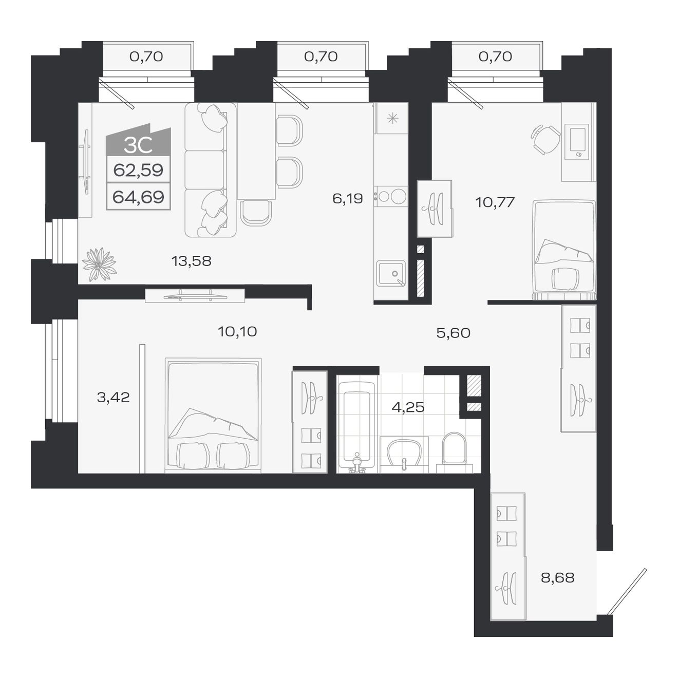 3-комнатная, 62.59 м², № 335 в Ясный берег-город у воды
