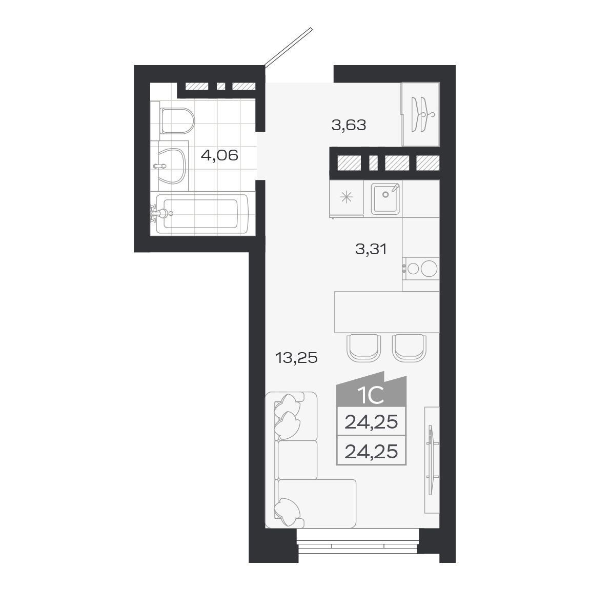 Студия, 24.25 м², № 272 в Ясный берег-город у воды