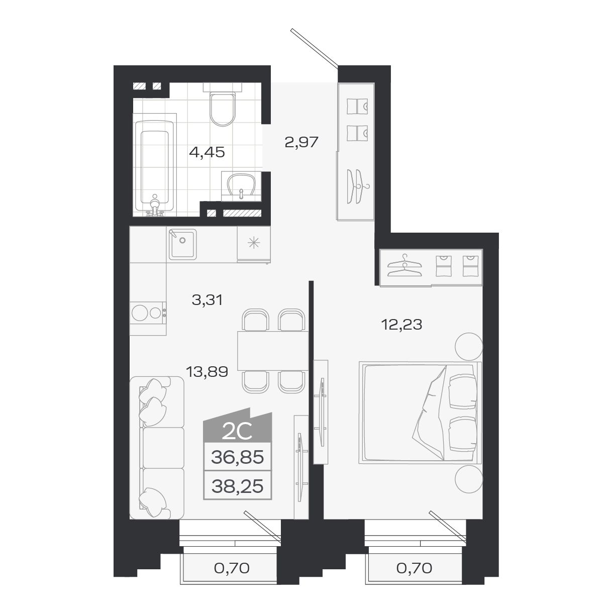 2-комнатная, 36.85 м², № 20 в Ясный берег-город у воды