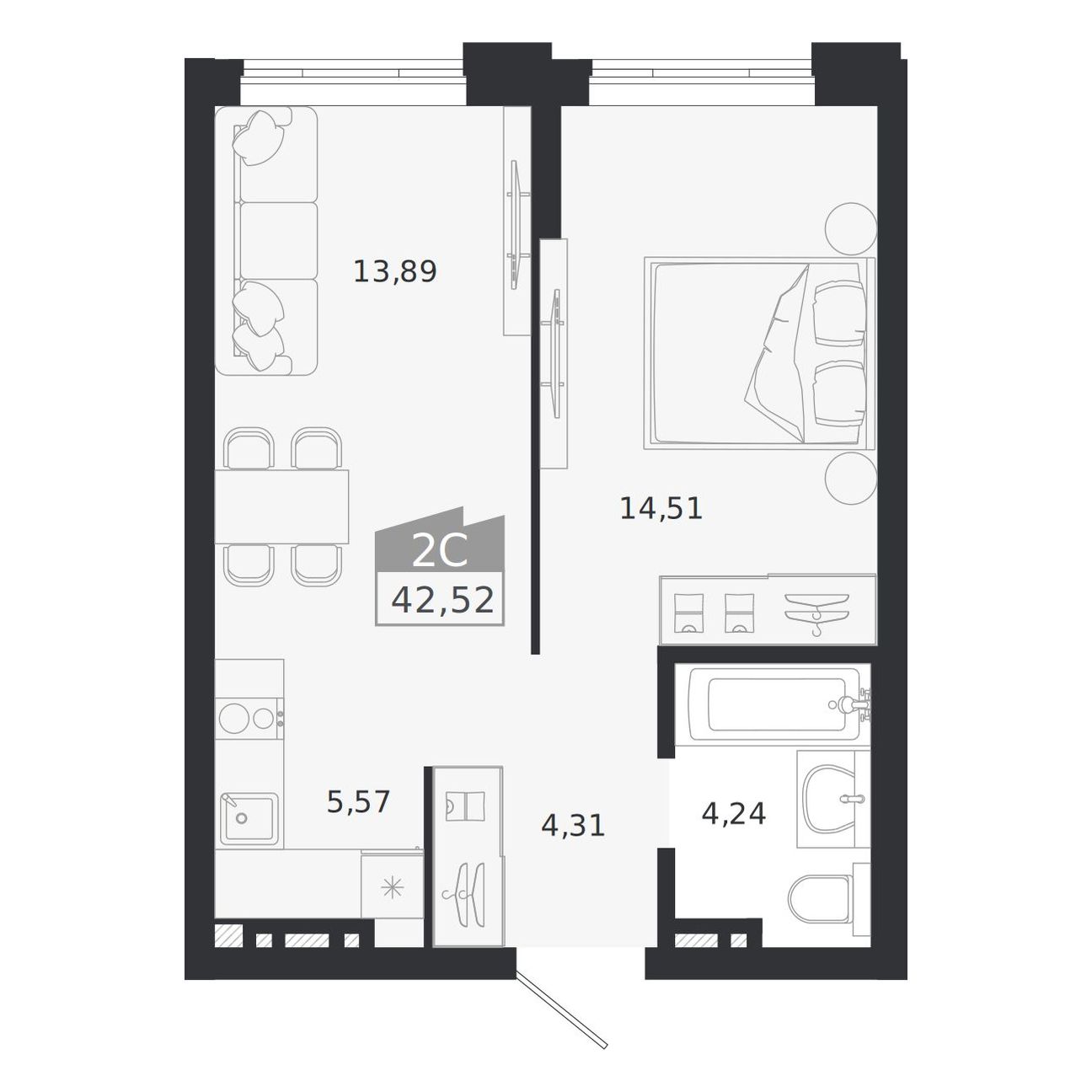 2-комнатная, 42.52 м², № 444 в Ясный берег-город у воды