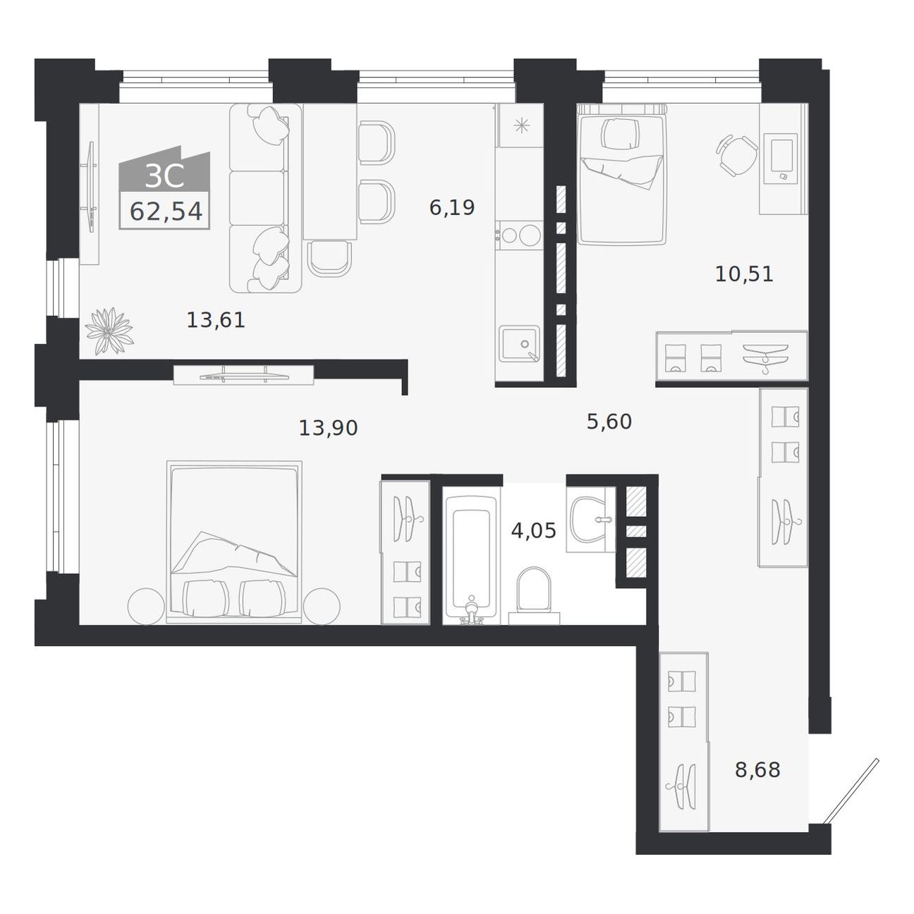3-комнатная, 62.54 м², № 551 в Ясный берег-город у воды