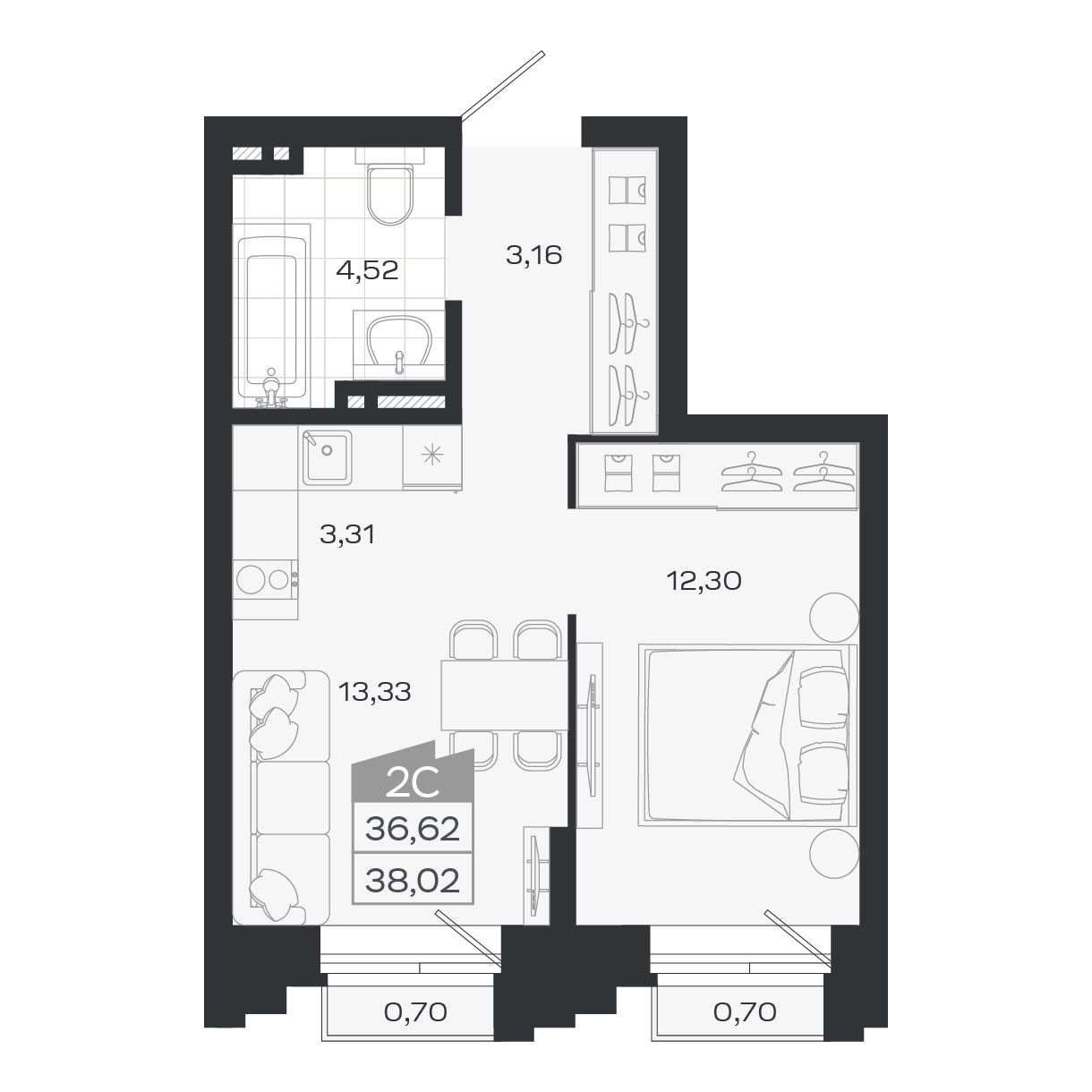 2-комнатная, 36.62 м², № 35 в Ясный берег-город у воды