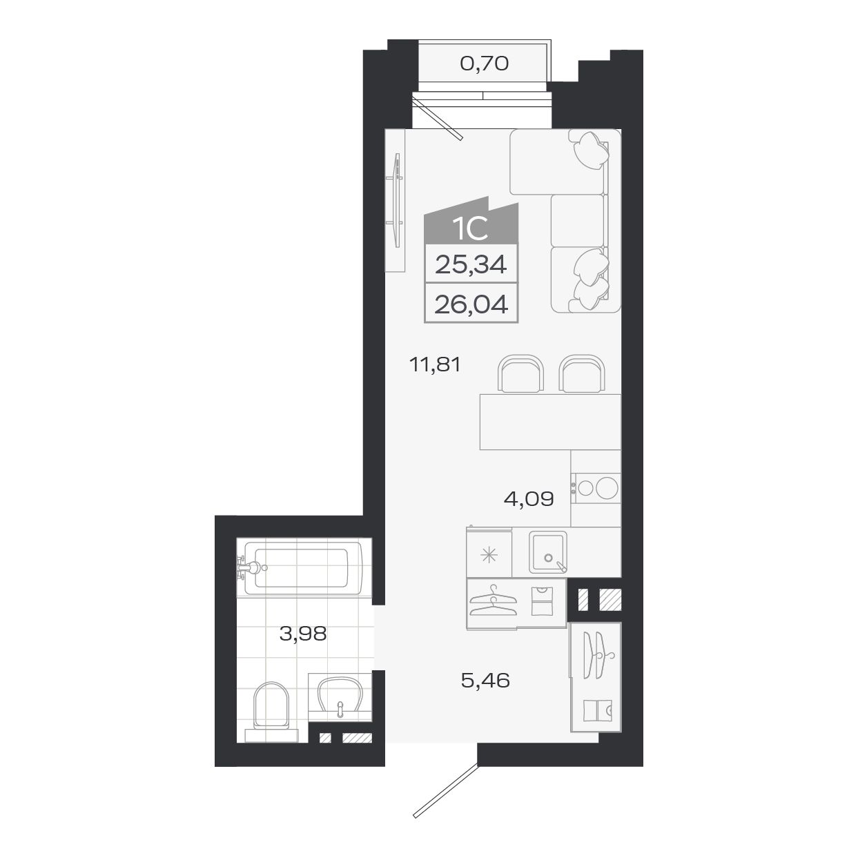Студия, 25.34 м², № 42 в Ясный берег-город у воды