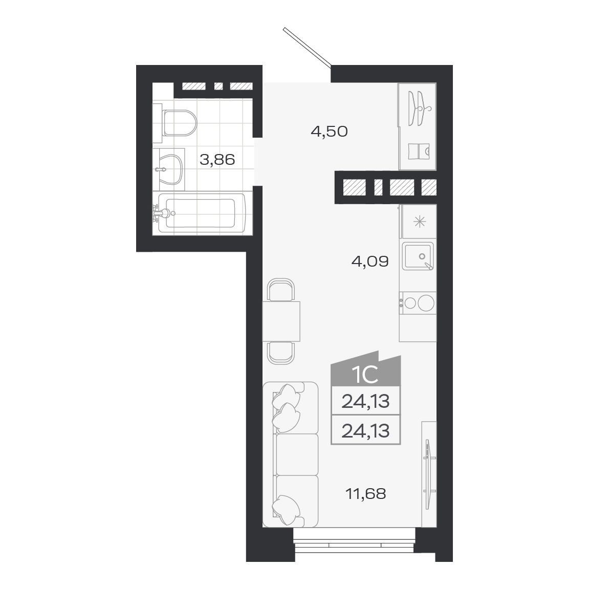 Студия, 24.13 м², № 270 в Ясный берег-город у воды