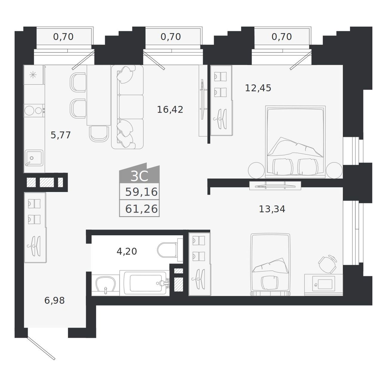 3-комнатная, 61.26 м², № 43 в Ясный берег-город у воды