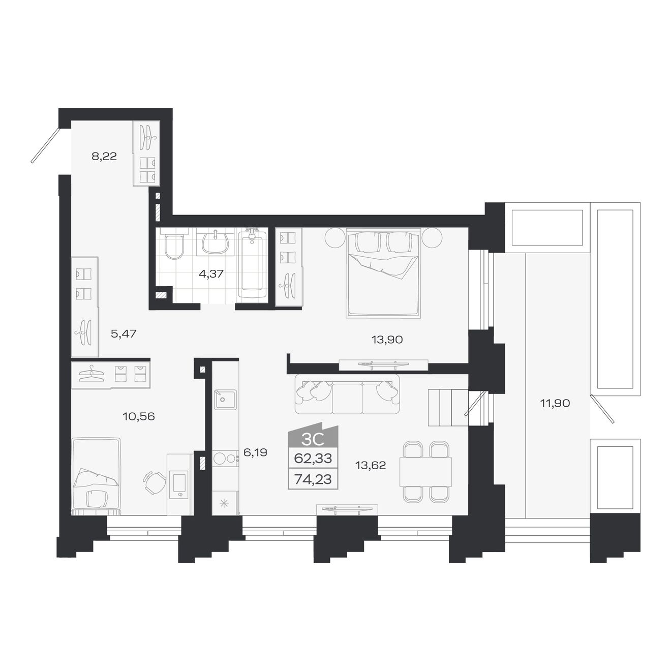 3-комнатная, 74.23 м², № 5 в Ясный берег-город у воды