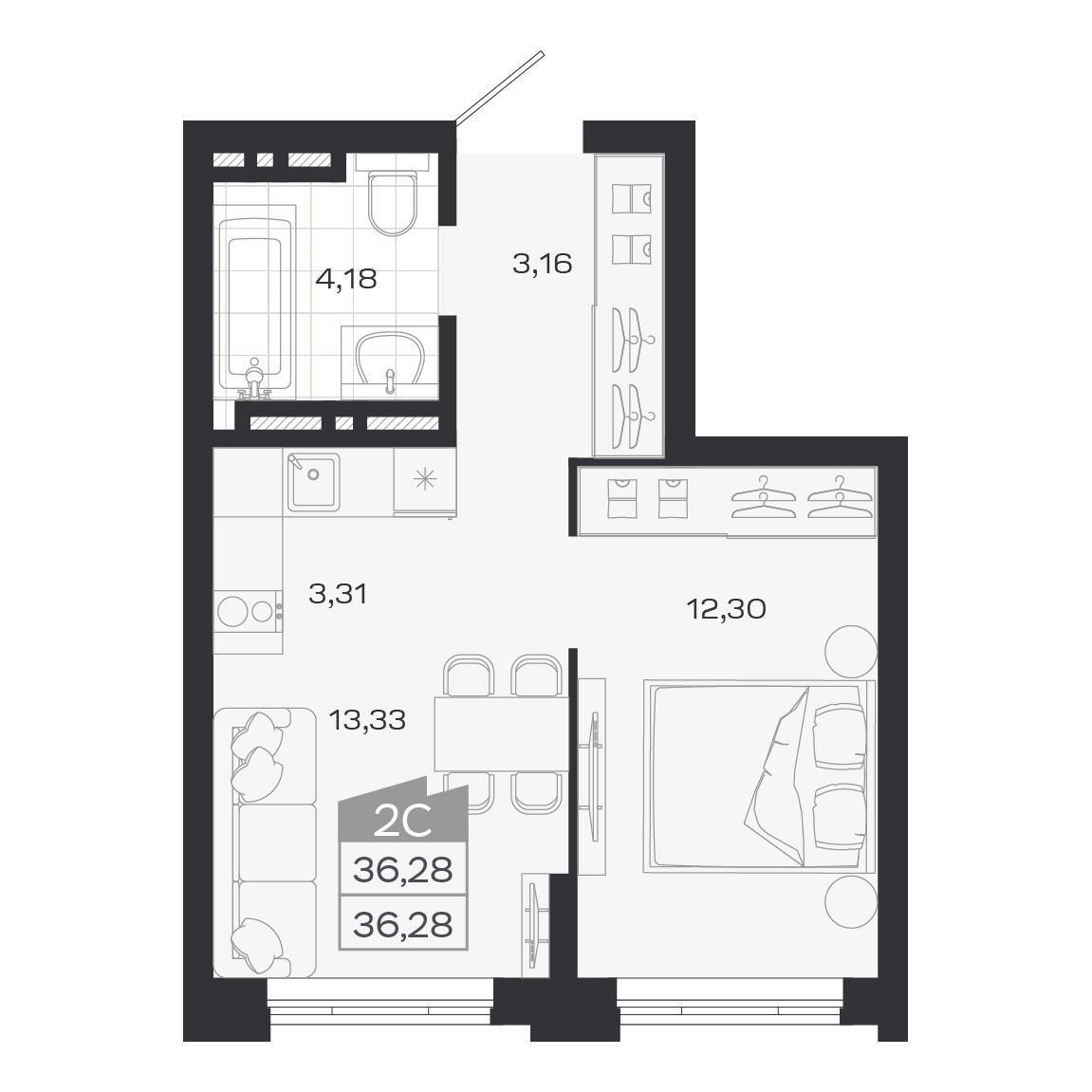 2-комнатная, 36.28 м², № 273 в Ясный берег-город у воды