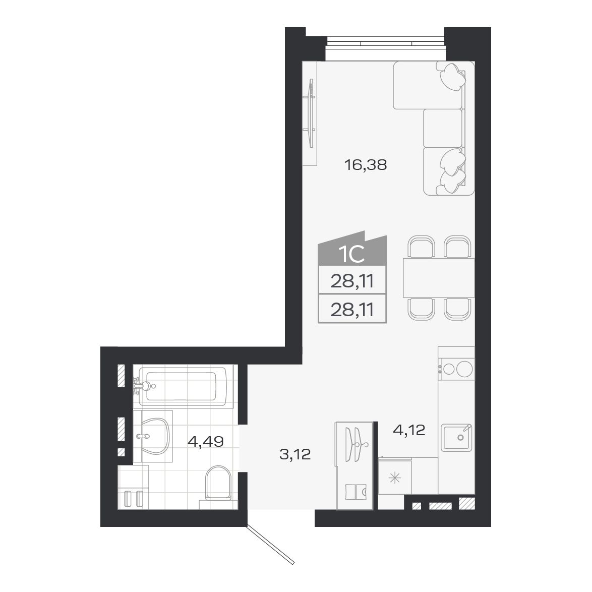Студия, 28.11 м², № 138 в Ясный берег-город у воды