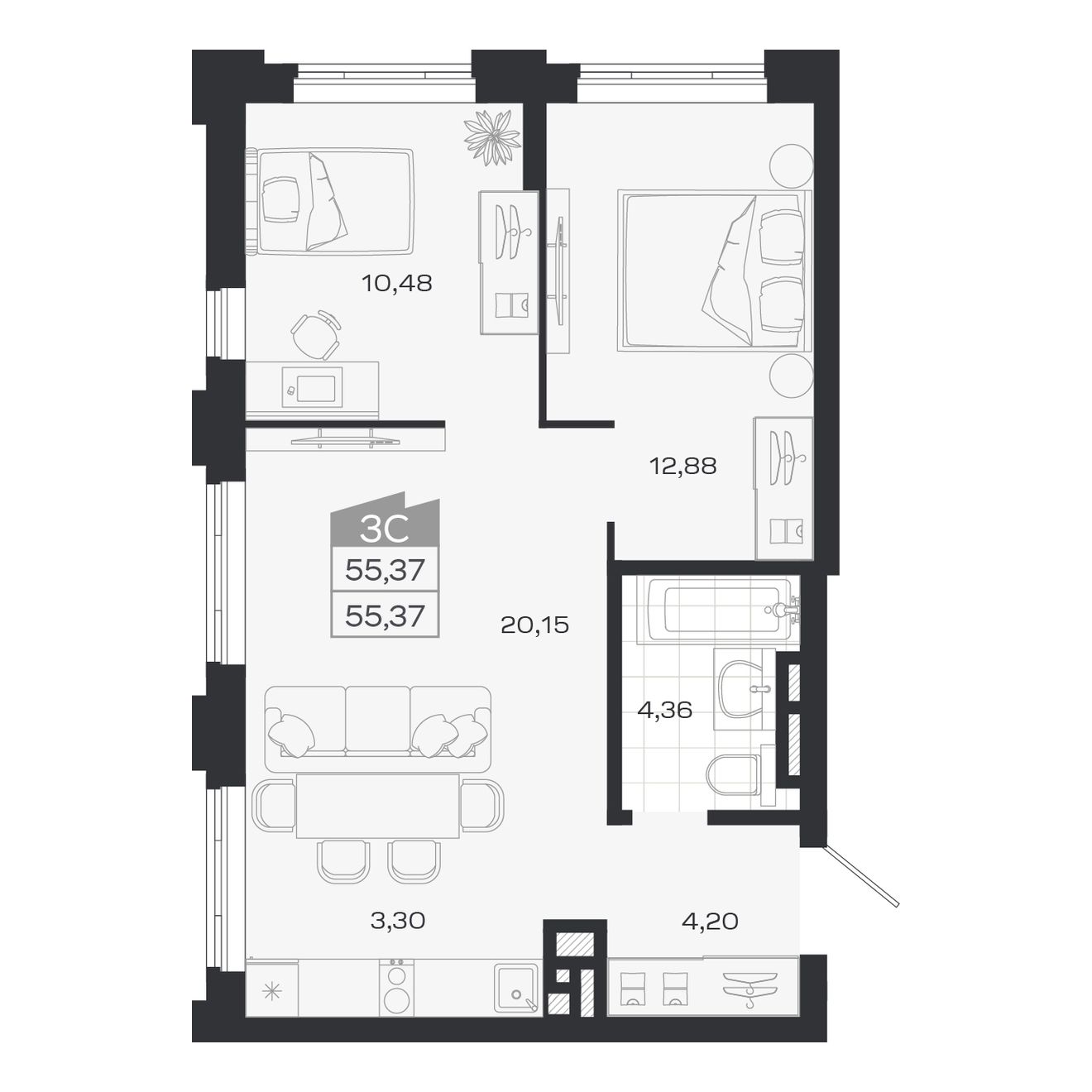 3-комнатная, 55.37 м², № 276 в Ясный берег-город у воды