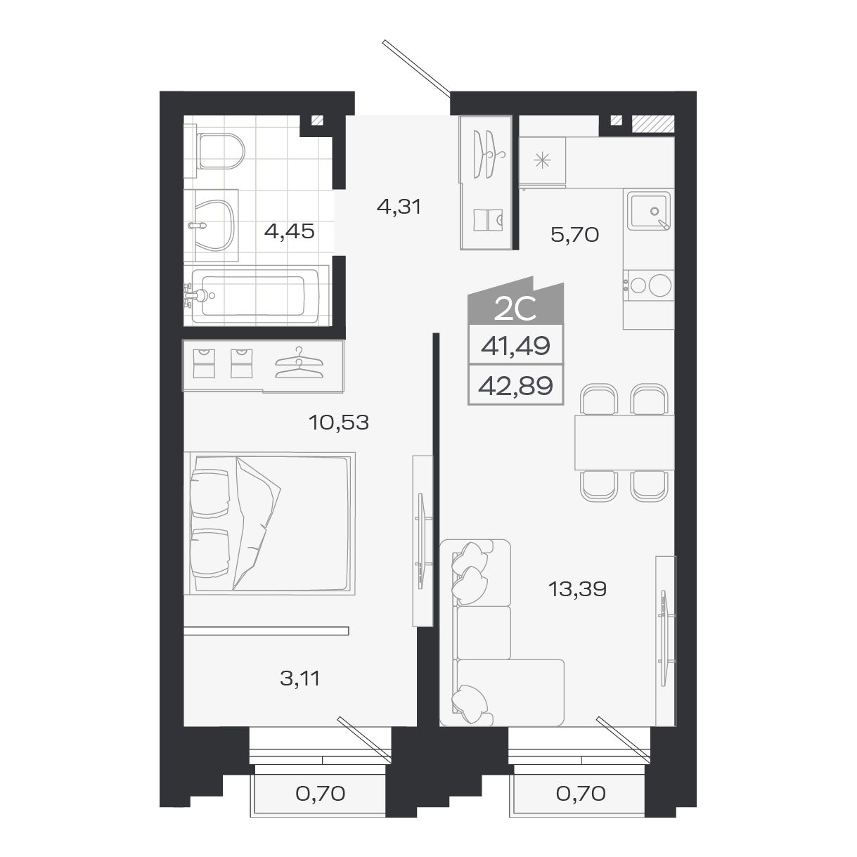 2-комнатная, 41.49 м², № 342 в Ясный берег-город у воды