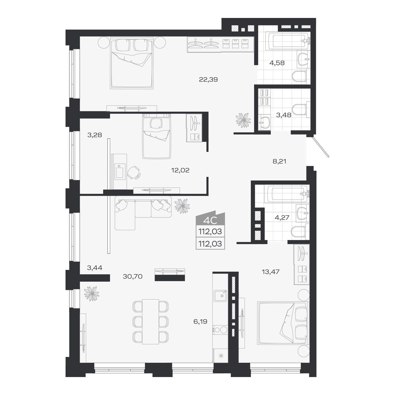 4-комнатная, 112.03 м², № 324 в Ясный берег-город у воды