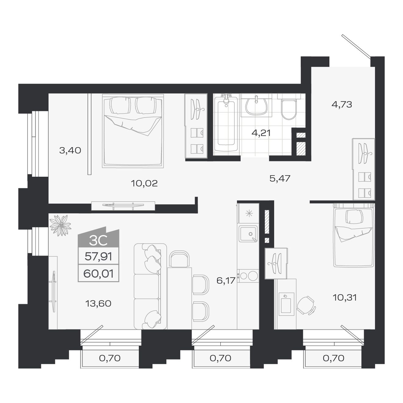 3-комнатная, 57.91 м², № 345 в Ясный берег-город у воды