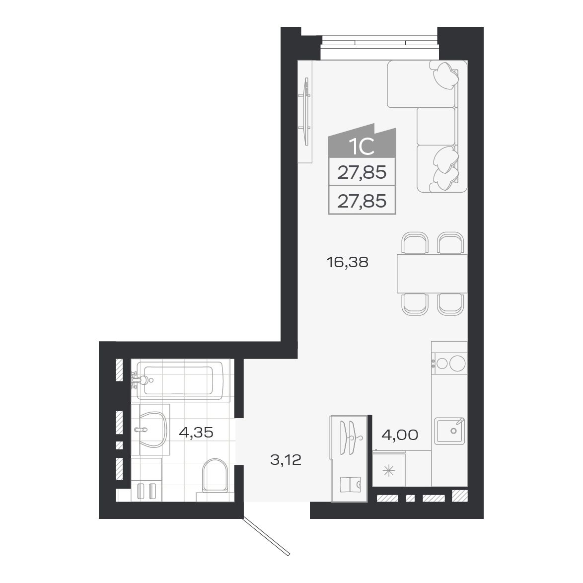 Студия, 27.85 м², № 222 в Ясный берег-город у воды