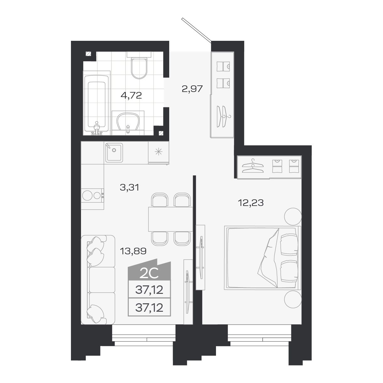 2-комнатная, 37.12 м², № 7 в Ясный берег-город у воды