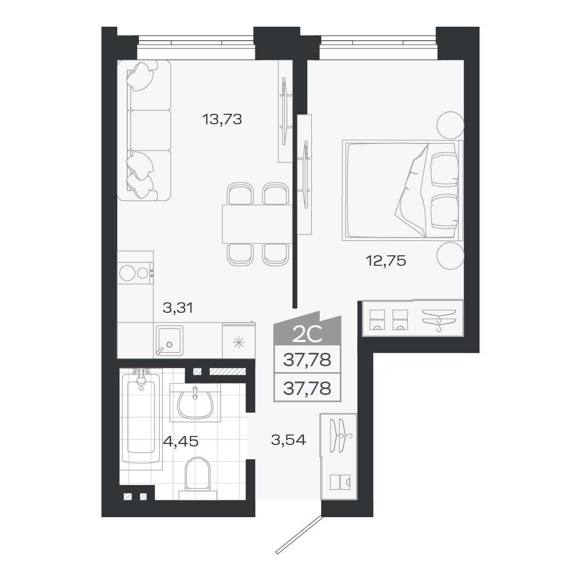 2-комнатная, 37.78 м², № 111 в Ясный берег-город у воды