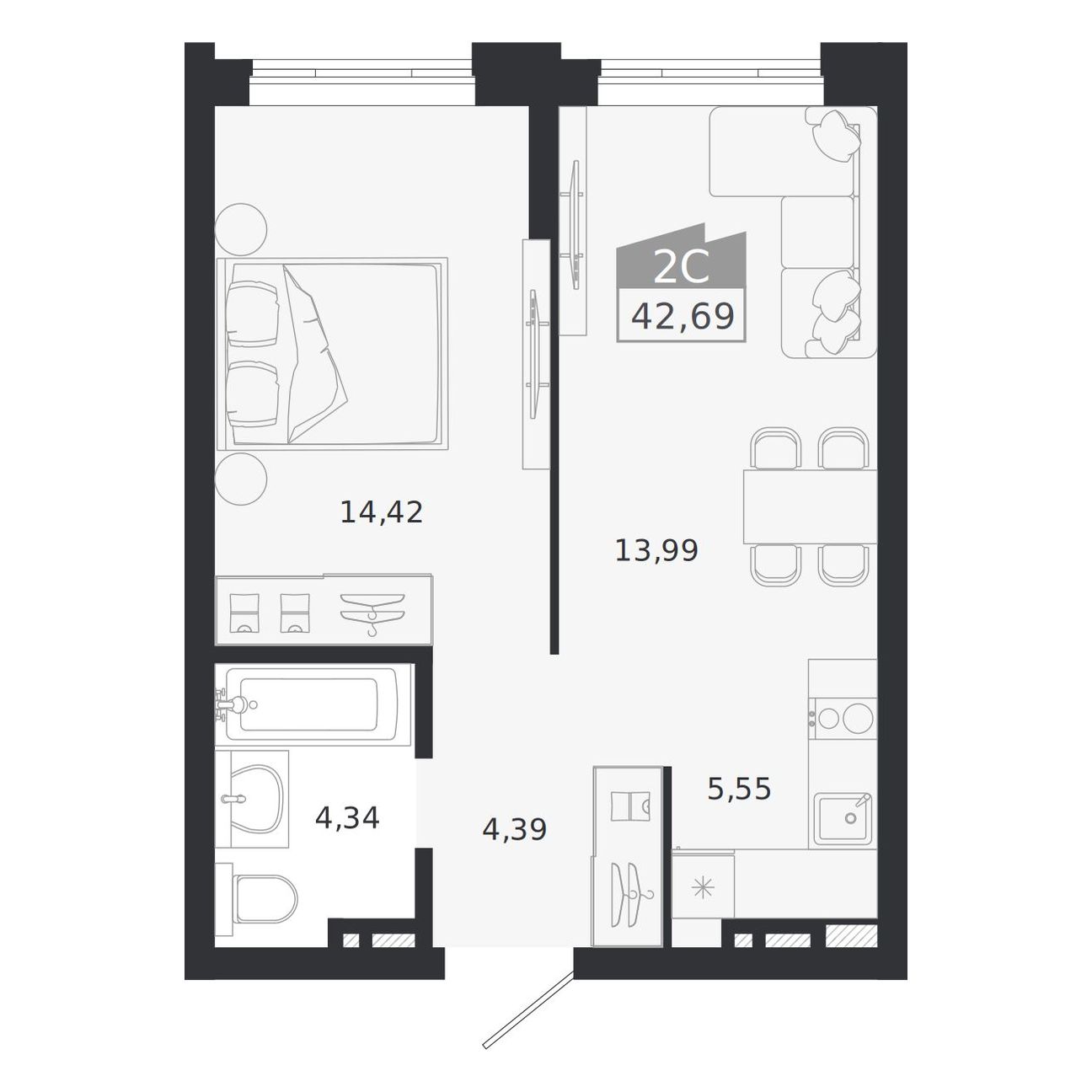 2-комнатная, 42.69 м², № 434 в Ясный берег-город у воды