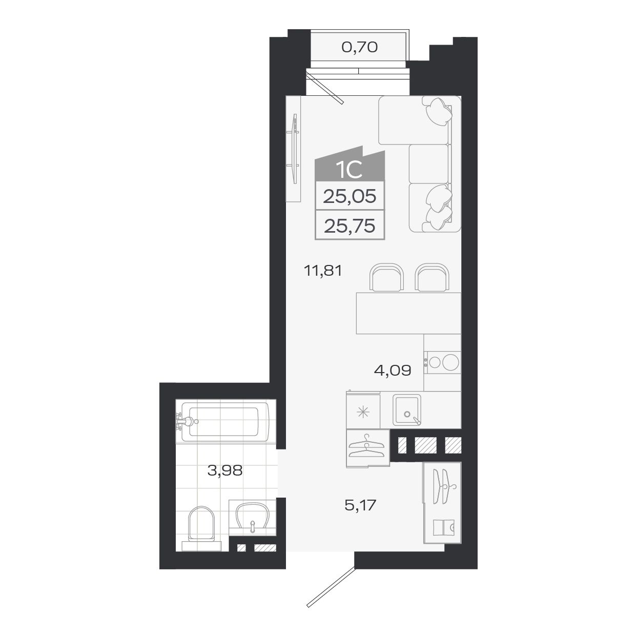 Студия, 25.05 м², № 56 в Ясный берег-город у воды