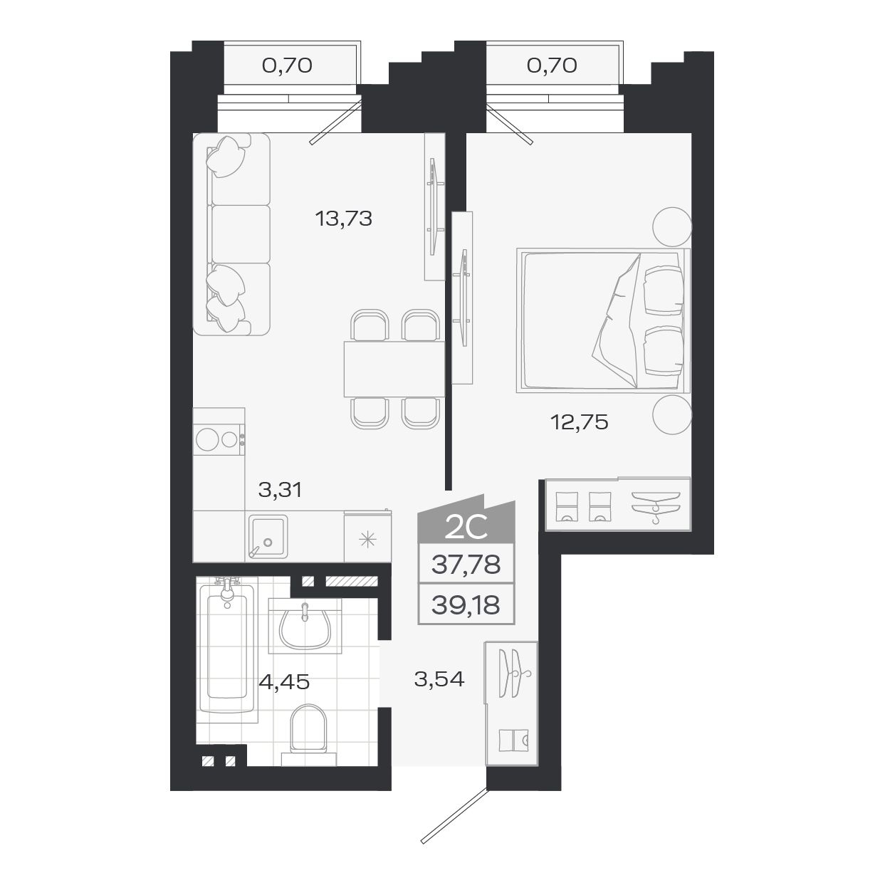 2-комнатная, 37.78 м², № 41 в Ясный берег-город у воды