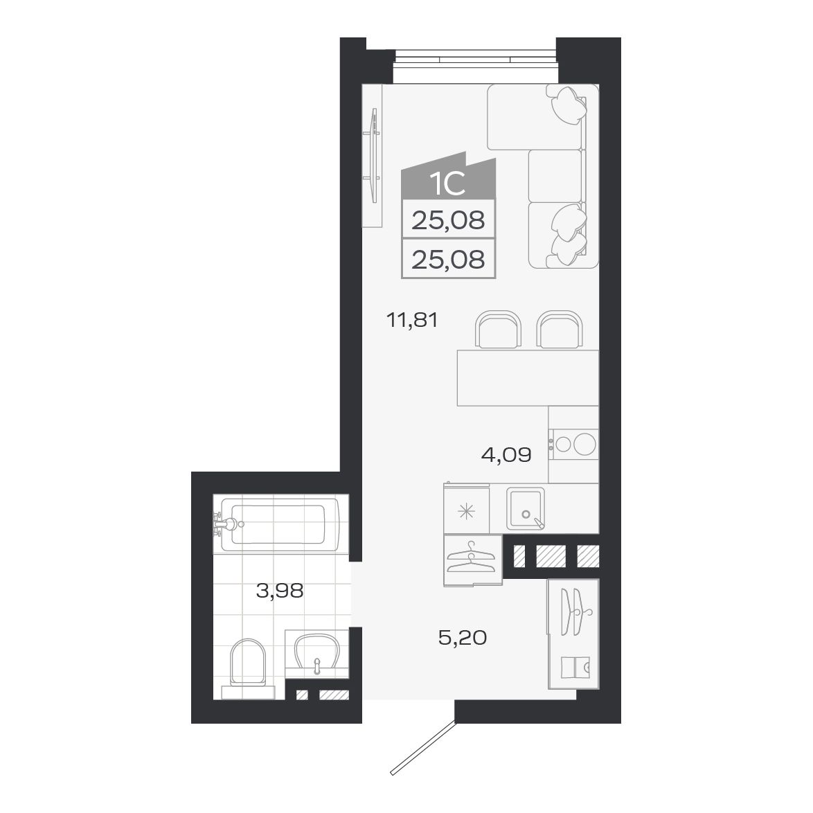 Студия, 25.08 м², № 140 в Ясный берег-город у воды
