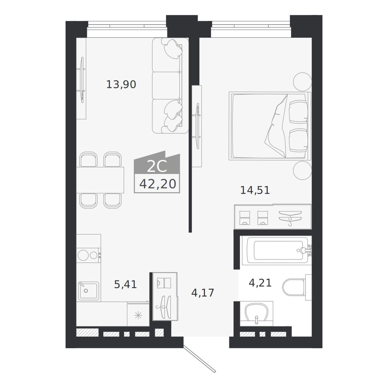 2-комнатная, 42.2 м², № 493 в Ясный берег-город у воды