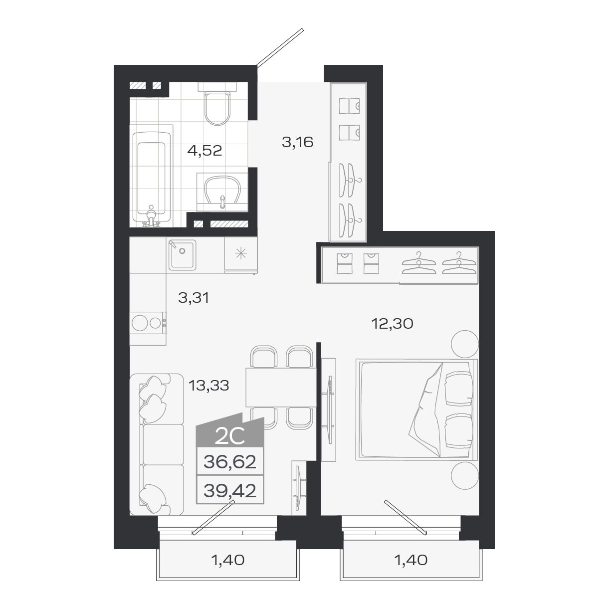 2-комнатная, 36.62 м², № 77 в Ясный берег-город у воды